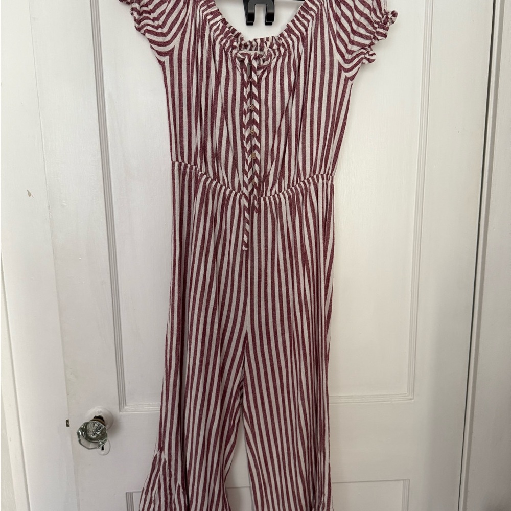 Moon River Free People Off-Shoulder Pink and White Striped Jumpsuit - Picture 2 of 5